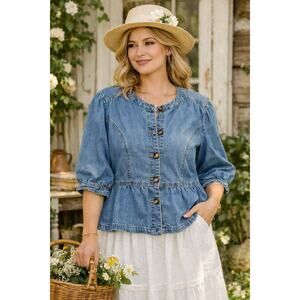 LoveBug Boutique Denim Peplum Jacket XL Button Front Puff Sleeve Cottagecore Boh